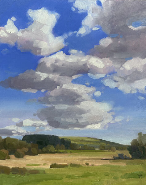 Oil painting of cotton clouds over Llantrisant Common, with blue sky and warm sunshine
