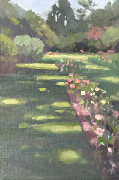 oil painting of dappled light coming through the trees in Roath Park Cardiff, within the rose gardens