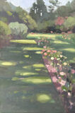oil painting of dappled light coming through the trees in Roath Park Cardiff, within the rose gardens
