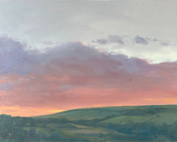 Dawn on the horizon. A medium size oil painting of a sunrise over welsh mountains, with the soft warm glow of the sunrise, a statement piece that will add a calm optimism to your room
