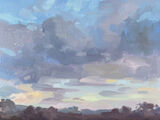 Dusk Oil painting of clouds at dusk, with soft blues pinks and purples