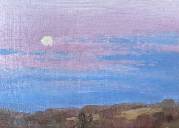 Small Oil painting of an early evening moon, with soft pinks and blues