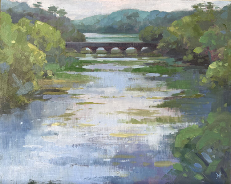plein air oil painting of Eight Arch Bridge and Bosherston Lily Ponds