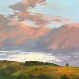 Evening Light. A medium size oil painting of soft evening light over the Garth Mountain in South Wales, with pink clouds, a relaxing painting for a living room