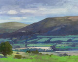oil painting of farmland and mountains from Mynydd Illtud in the Brecon Beacons