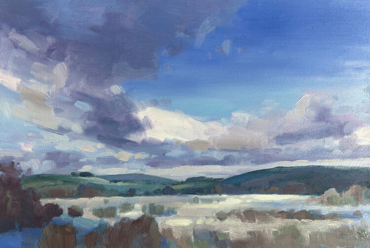 oil painting of the winter snow in the fields of south wales on a crisp winter's day