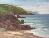 a small plein air oil painting of the cliffs and surf at Freshwater East beach in Pembrokeshire