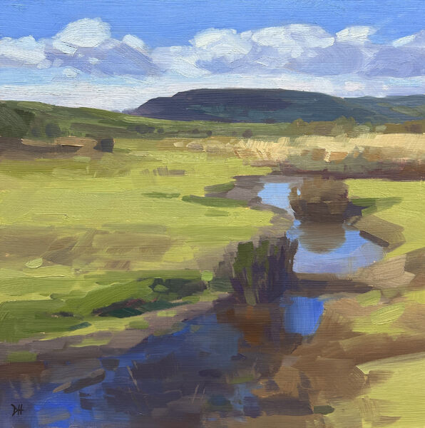 oil painting of a rill or river running through Llantrisant Common with Smaelog Woods in the distance
