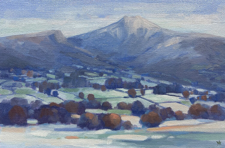 oil painting of Winter on Pen Y Fan mountain in Brannau Brycheiniog National Park, with snow and ice over the patchwork of fields