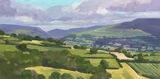 Glanusk Oil painting of a patchwork of fields at Glanusk, with mountains in the distance, calming green blue and purple hues