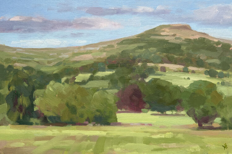 oil painting of the Mountain surrounding the Glanusk Estate, with green fields and a bank of trees