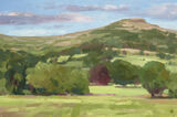 oil painting of the Mountain surrounding the Glanusk Estate, with green fields and a bank of trees