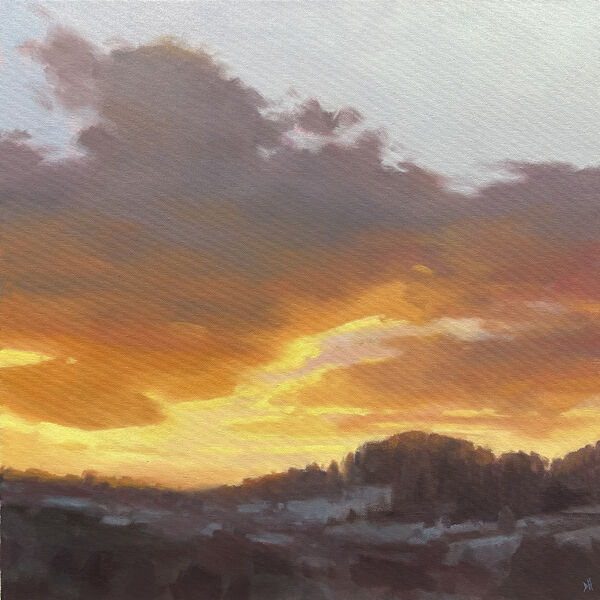 Golden Glow - a medium size oil painting of a dramatic sunrise with a bright orange glow, an uplifting painting to add impact to any wall in the home