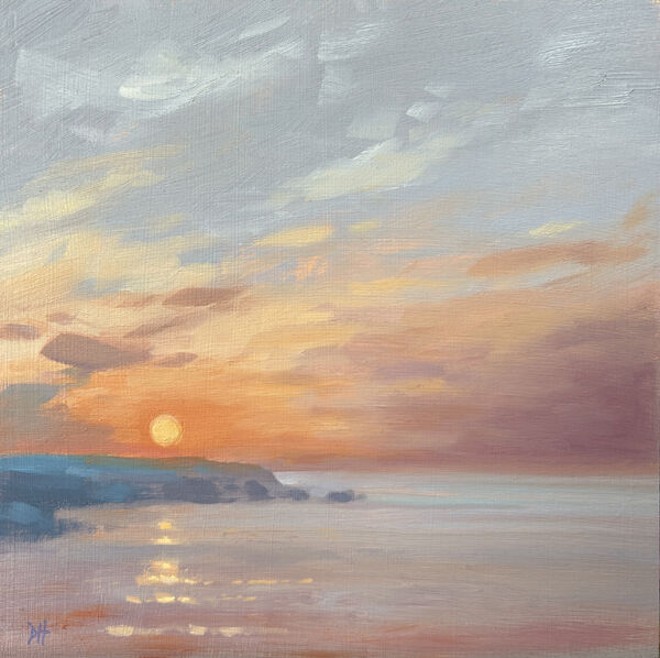 Oil painting of a hazy coastal sunset, with soft orange pink and blue hues
