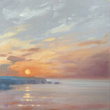 Oil painting of a hazy coastal sunset, with soft orange pink and blue hues