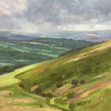 small oil painting of rainclouds travelling over a Brecon Valley in Brannau Brycheiniog National Park