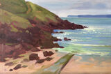 plein air oil painting of the cliffs at manorbier beach in pembrokeshire