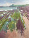 Large oil painting of the rockpools on Manorbier Beach, with lots of seaweed, and the headland in the background. An ideal painting for above a fireplace