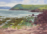 Oil painting of the rocks and seaweed at Manorbier beach in Pembrokeshire