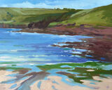 oil painting of the shallows on manorbier beach on a summers day