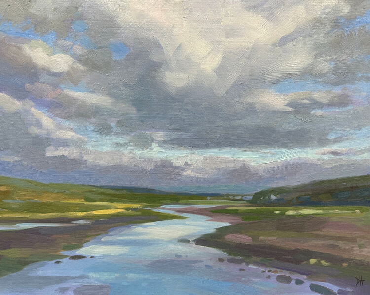 oil painting of the tide running through Merthyr Mawr in Ogmore with a dramatic sweep of clouds