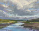 oil painting of the tide running through Merthyr Mawr in Ogmore with a dramatic sweep of clouds