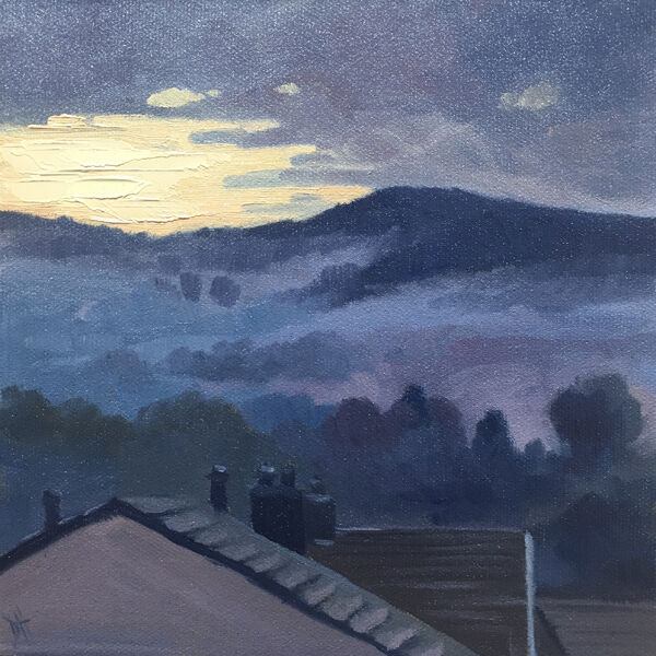 dawn harries, oil painting, misty morning glow, sunrise, landscape painting,