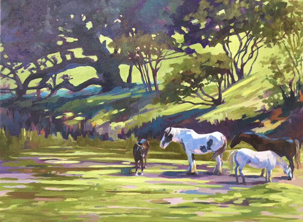 dawn harries, noon horses, oil painting, horse painting, welsh landscape