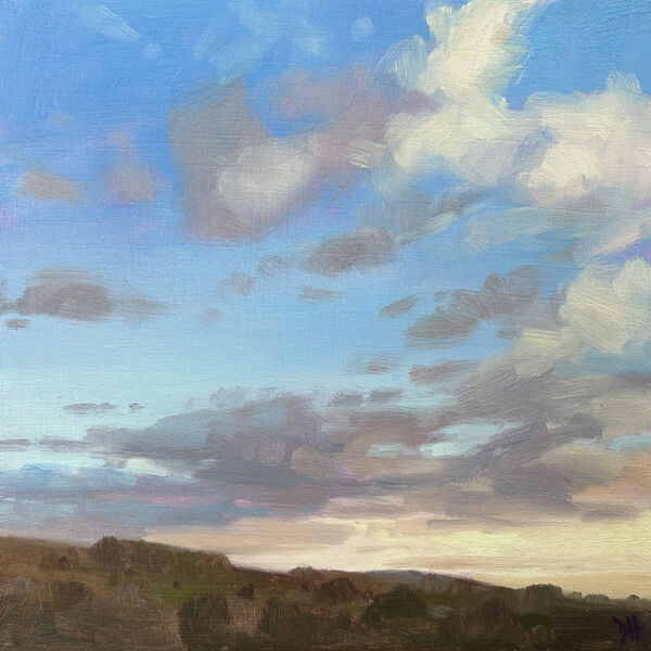 October Sky. Small oil painting of a soft evening sky with calming blues and fluffy clouds, a relaxing landscape painting for any room in the home