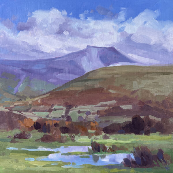Pen Y Fan in Purple, a square oil painting depicting bright sunshine across Pen Y Fan mountain in winter, with green brown and purple hues