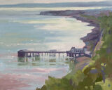 oil painting of Penarth Pier and the seafront from the coastal hill, with sun bouncing off the sea, painted en plein air in an impressionistic style