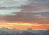 Oil and cold wax painting of clouds at sunset, with soft oranges, pinks and purples