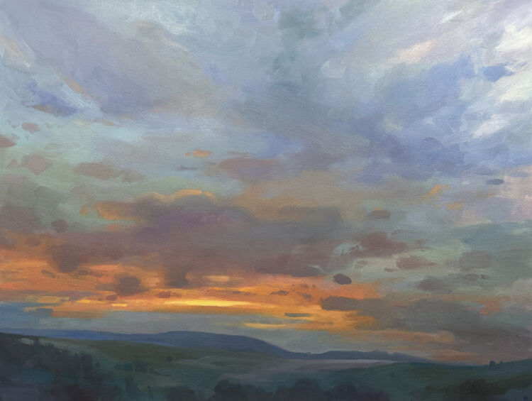 Setting The Mood. A large oil painting of a sunrise over mountains with a moody palette of blues, purples and oranges, a statement piece that's ideal for above a fireplace