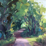 a colourful oil painting of a shaded path through the park, a small impressionistic painting for the home