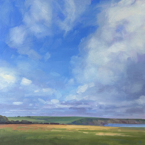 Small oil painting of a summer sky over the Stackpole Estate in Pembrokeshire, a painting with a fresh airy feel. An ideal painting for a lover of the outdoors