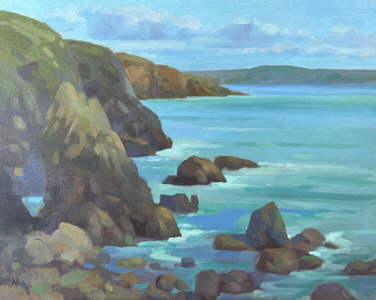 Small oil painting of the coast at Stackpole Quay in Pembrokeshire, a small coastal painting for the home. An ideal painting for a lover of the welsh coast