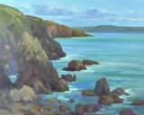 Small oil painting of the coast at Stackpole Quay in Pembrokeshire, a small coastal painting for the home. An ideal painting for a lover of the welsh coast