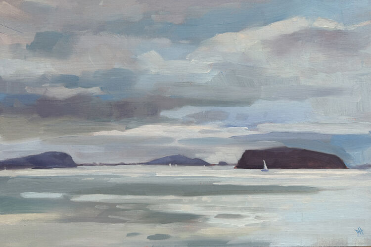 oil painting of the view of the islands from Sully, with cool blues and distant boats, painted en plein air