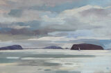 oil painting of the view of the islands from Sully, with cool blues and distant boats, painted en plein air