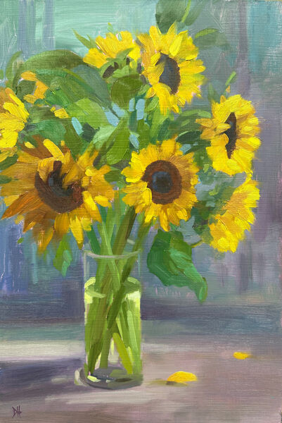 Oil painting of Sunflowers in a vase