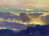 Small oil painting of a dramatic sunset with the last beams of sunlight glowing through, a relaxing landscape painting for any room in the home