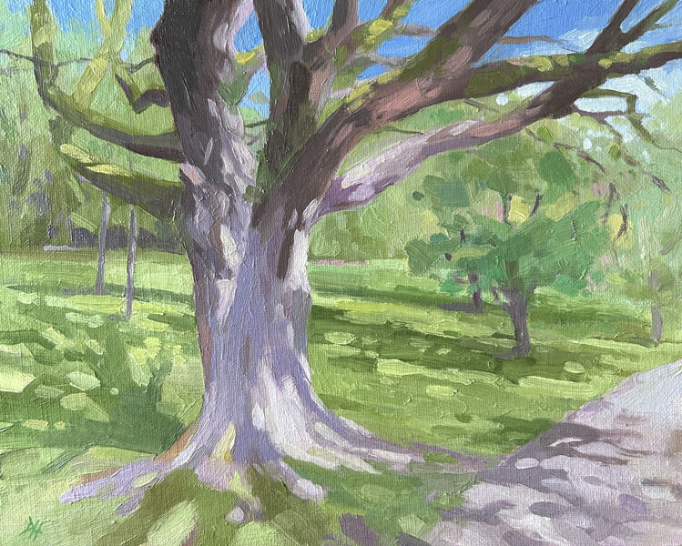 Trees in Spring at Cyfarthfa, a small oil painting with lots of spring green hues to add a bright vibe to your wall