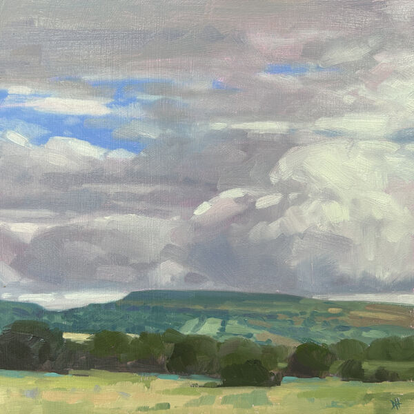 Small oil painting of the view across fields to Eglwysilan mountain in South Wales, a landscape painting for the home
