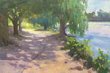oil painting of dappled light coming through the trees in Roath Park, Cardiff, beside Roath Park lake