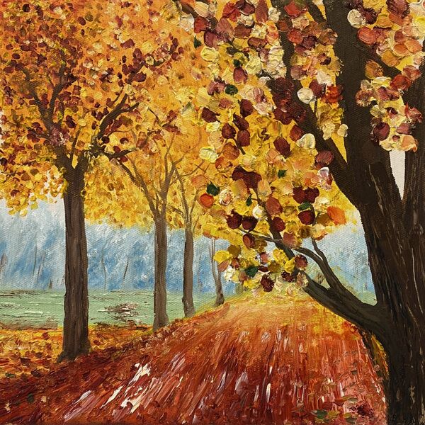 Oil painting of a road in Autumn
