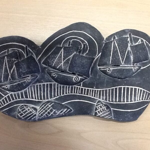 Large boat wall plaque Large black and white boat wall plaque with three simple boats, waves and rocks