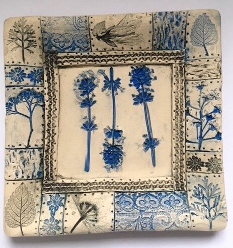 Blue and white Nature printed ceramic ‘plate’ using flowers and lace by dei ceramics