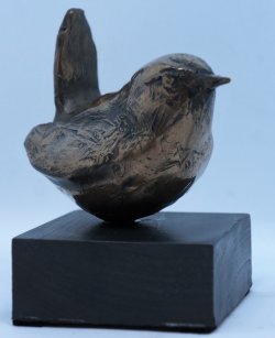 Wren, cold cast bronze on a cold cast iron base, approx 9cm tall incl base