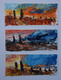 Three Studies for Sunsets, oil on paper