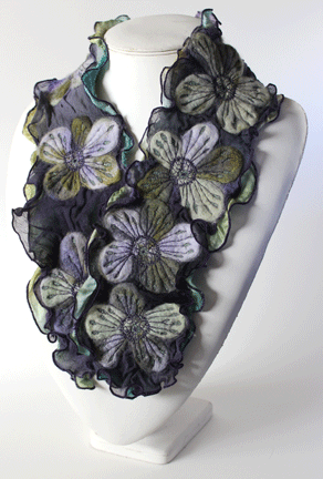 Indigo and green hand painted and felted silk scarf